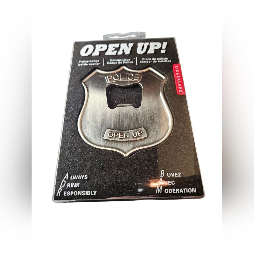 NWOT Kikkerland Silver Police Badge Bottle Opener, in-box, Small & Lightweight